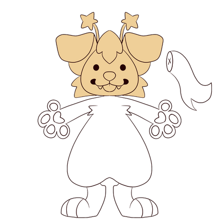 An image showing a drawing of a anthropomorphic dog standing facing forward, and a tail next to it. The head is highlighted yellow.