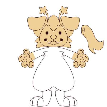 An image showing a drawing of a anthropomorphic dog standing facing forward, and a tail next to it. It's head, paws and the tail is highlighted yellow.