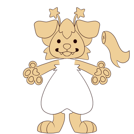 An image showing a drawing of a anthropomorphic dog standing facing forward, and a tail next to it. It's head, paws, arms, feet and the tail are highlighted yellow.